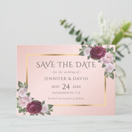 Elegante Bourgogne en Blush Bruiloft Save The Date (Staand voorkant)