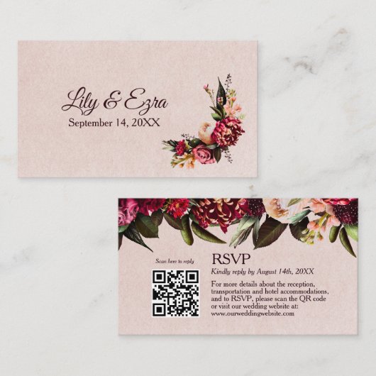 Elegante Bourgogne en Blush RSVP Card QR-code Informatiekaartje (Voorkant / Achterkant)