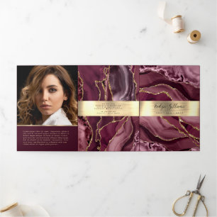 Elegante Bourgogne en Gouden Agaat Trifold Brochur Drieluik Kaart