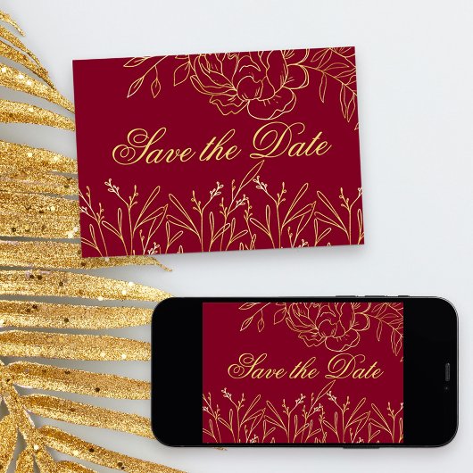 Elegante Bourgogne en Gouden Fine Art Bloemen Save The Date