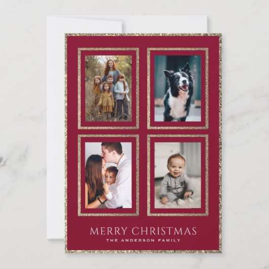 Elegante Bourgogne en gouden kerstfotocollage Feestdagenkaart (Voorkant)