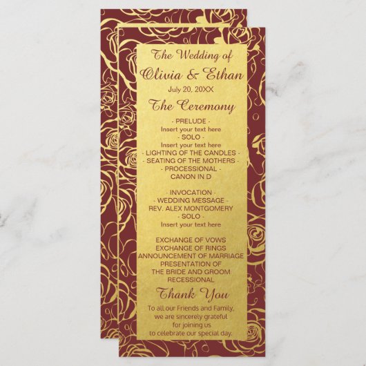 Elegante Bourgogne en goudkleurige bloemen Programmakaart (Voorkant / Achterkant)