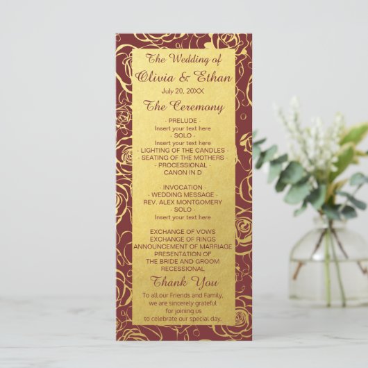 Elegante Bourgogne en goudkleurige bloemen Programmakaart (Staand voorkant)