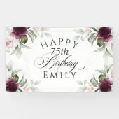 Elegante Bourgogne en Roze Bloemen 75ste verjaarda Spandoek (Horizontaal)