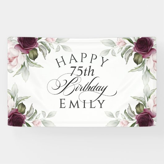 Elegante Bourgogne en Roze Bloemen 75ste verjaarda Spandoek (Horizontaal)