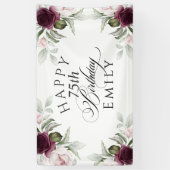 Elegante Bourgogne en Roze Bloemen 75ste verjaarda Spandoek (Verticaal)