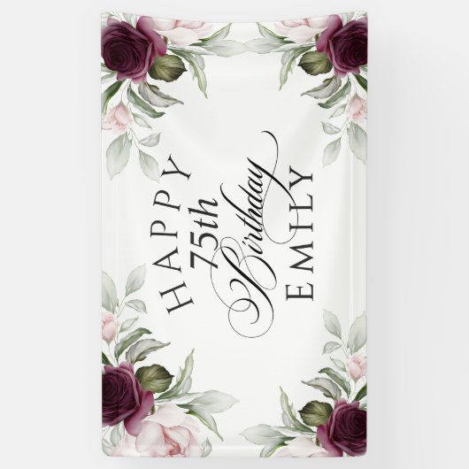 Elegante Bourgogne en Roze Bloemen 75ste verjaarda Spandoek (Verticaal)