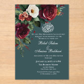 Elegante Bourgogne en Witte Rozen Bloemen Islamiti Acryl Uitnodigingen (Voorkant)