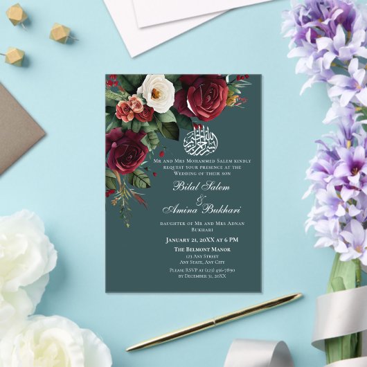 Elegante Bourgogne en Witte Rozen Bloemen Islamiti Acryl Uitnodigingen (Insitu (Huwelijk))