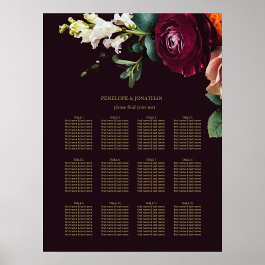 Elegante Bourgogne Floral Goud Typografie Zitplaat Poster (Voorkant)