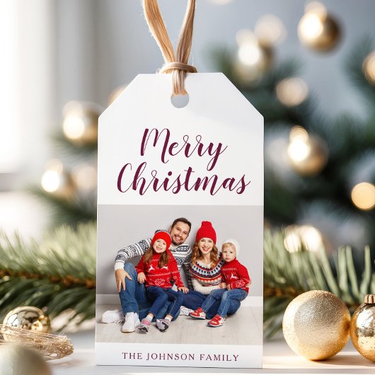 Elegante Bourgogne Foto Kerstmis Cadeaulabel