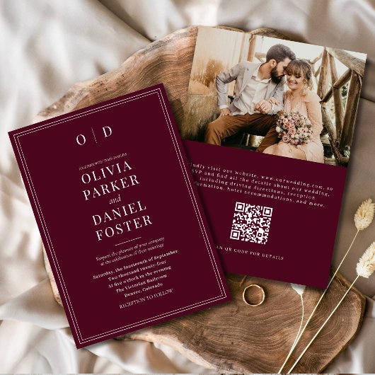 Elegante Bourgogne Foto QR Code Huwelijk Kaart