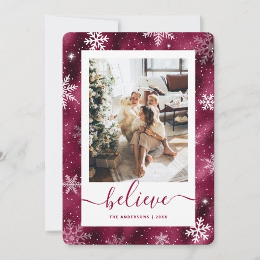 Elegante Bourgogne Foto Snowflake Feestdagenkaart (Voorkant)