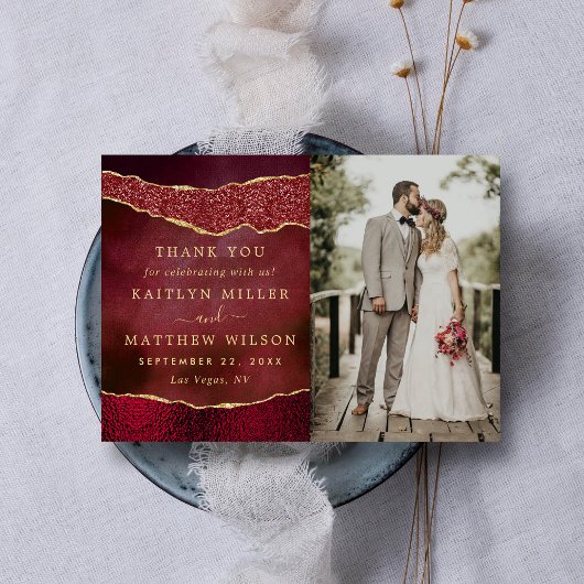Elegante Bourgogne & Gold Agaat bruiloft foto Bedankkaart