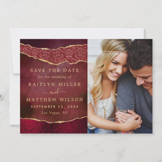 Elegante Bourgogne & Gold Agaat bruiloft foto Save The Date (Voorkant)