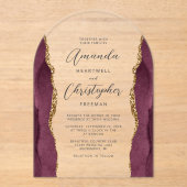 Elegante Bourgogne Gold Agate Script Boog Huwelijk Acryl Uitnodigingen (Voorkant)