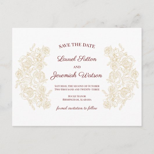 Elegante Bourgogne & Golden Rozen Save the Date Briefkaart (Voorkant)