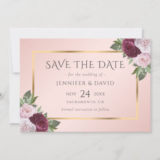 Elegante Bourgogne Goud Blush Roze Bloem Save The Date (Voorkant)