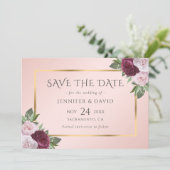 Elegante Bourgogne Goud Blush Roze Bloem Save The Date (Staand voorkant)