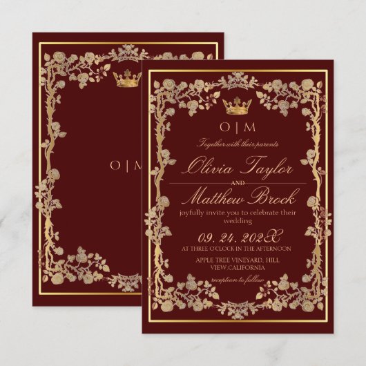 Elegante Bourgogne & Goud  Lijst bruiloft Kaart (Voorkant / Achterkant)