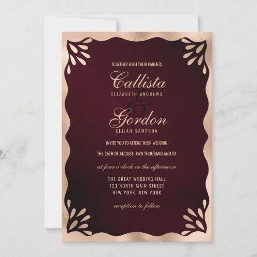 Elegante Bourgogne Goud Metallic Wavy Border Weddi Kaart (Voorkant)