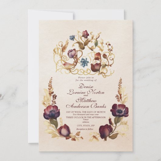 Elegante Bourgogne Gouden Bloemen Huwelijksuitnodi Kaart (Voorkant)