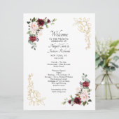Elegante Bourgogne Gouden Folie Bloemen Huwelijksc Programmakaart (Staand voorkant)