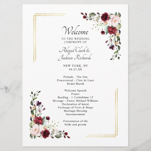 Elegante Bourgogne Gouden Folie Bloemen Huwelijksc Programmakaart (Voorkant)