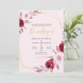 Elegante Bourgogne Gouden Geometrische Bruiloft Kaart (Staand voorkant)