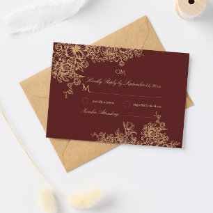 Elegante Bourgogne & Gouden Tuin Bloemen Huwelijk RSVP Kaartje