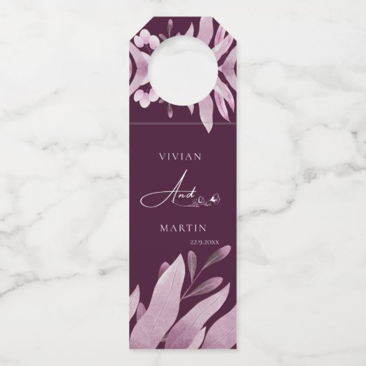 Elegante Bourgogne Groot blad Bruiloft Flessenhanger (Voorkant)