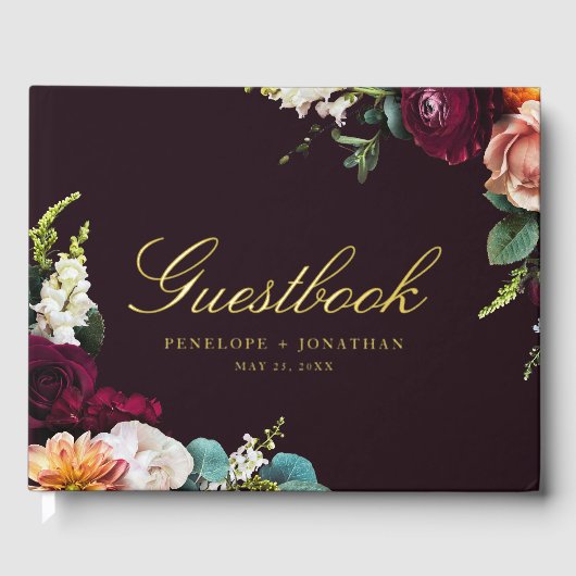 Elegante Bourgogne Herfst Bloemen Goud Script Trou Gastenboek (Voorkant)