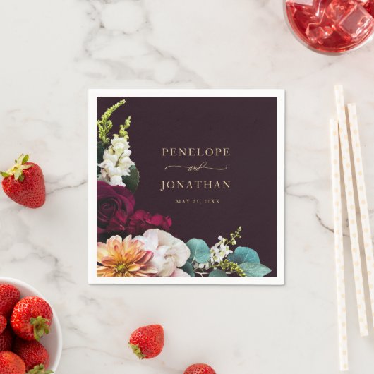 Elegante Bourgogne Herfst Bloemen Goud Script Trou Servet (Insitu)