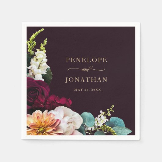 Elegante Bourgogne Herfst Bloemen Goud Script Trou Servet (Voorkant)