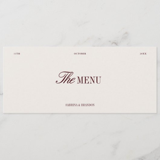 Elegante Bourgogne & Ivoor Trouwdiner Menu Kaart (Voorkant)