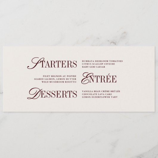 Elegante Bourgogne & Ivoor Trouwdiner Menu Kaart (Achterkant)