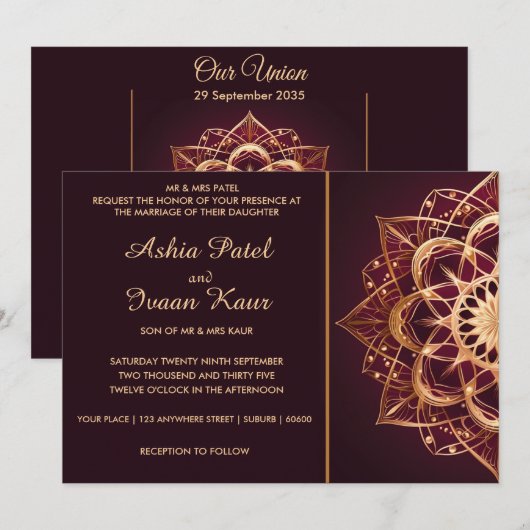 Elegante Bourgogne Mandala bruiloft uitnodiging (Voorkant / Achterkant)