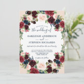 Elegante Bourgogne, Marine en Roze Bloemenbruiloft Kaart (Staand voorkant)