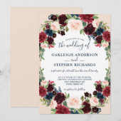 Elegante Bourgogne, Marine en Roze Bloemenbruiloft Kaart (Voorkant / Achterkant)