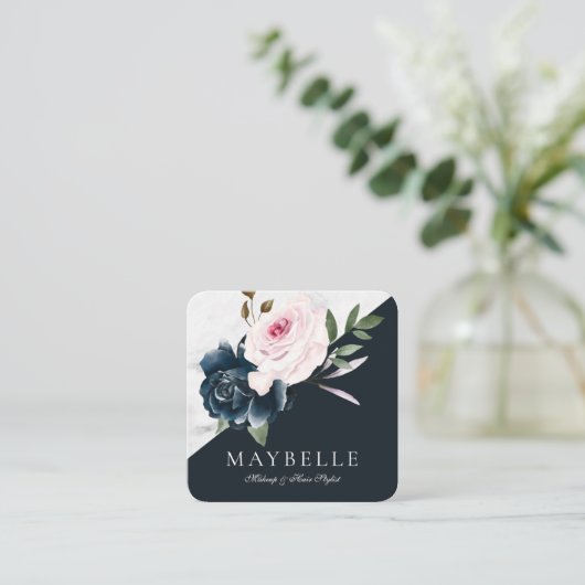Elegante Bourgogne & Marmeren Waterverf Bloemenmar Vierkante Visitekaartje (Staand voorkant)