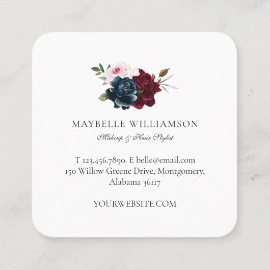 Elegante Bourgogne & Marmeren Waterverf Bloemenmar Vierkante Visitekaartje (Achterkant)