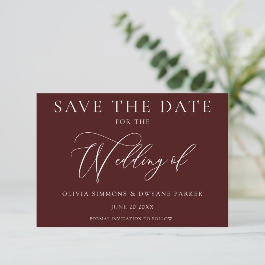 Elegante Bourgogne Maroon Moderne bruiloft Save The Date (Staand voorkant)