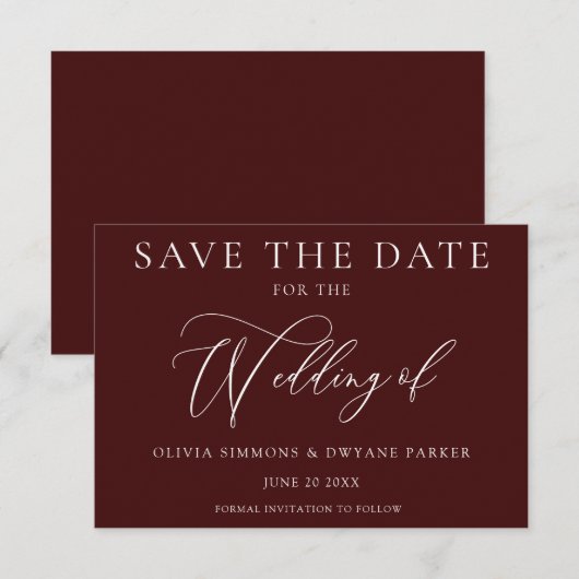 Elegante Bourgogne Maroon Moderne bruiloft Save The Date (Voorkant / Achterkant)