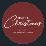 Elegante Bourgogne Merry Christmas Script Naam Ronde Sticker<br><div class="desc">Voeg een humeurig tintje toe aan uw vakantieverpakking en meer met deze elegante Bourgondische Merry Christmas Script Name Classic ronde Stickers. Elk is ontworpen met de tekst "Merry Christmas" in witte letters op donkere bordeaux. Het lettertype is handschrift belettering gemengd met eenvoudige gemakkelijk te lezen letters. Gepersonaliseerd met familietekennaam of...</div>