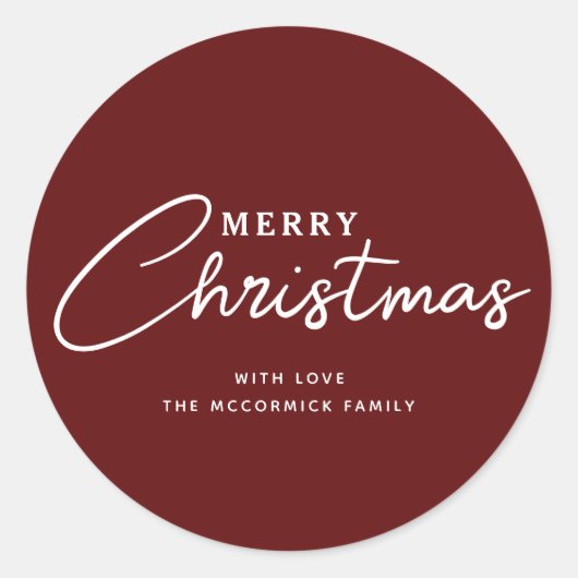 Elegante Bourgogne Merry Christmas Script Naam Ronde Sticker (Voorkant)
