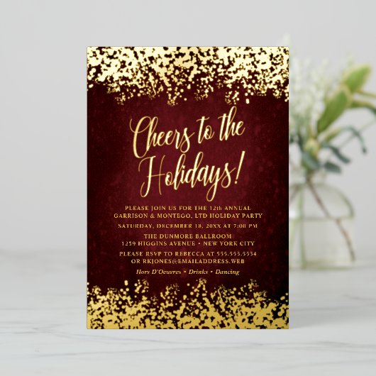 Elegante Bourgogne met gouden Confetti vakantie Folie Uitnodiging (Staand Voorkant)