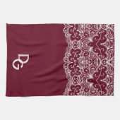 Elegante Bourgogne met witte kanten Initialen Theedoek (Horizontaal)