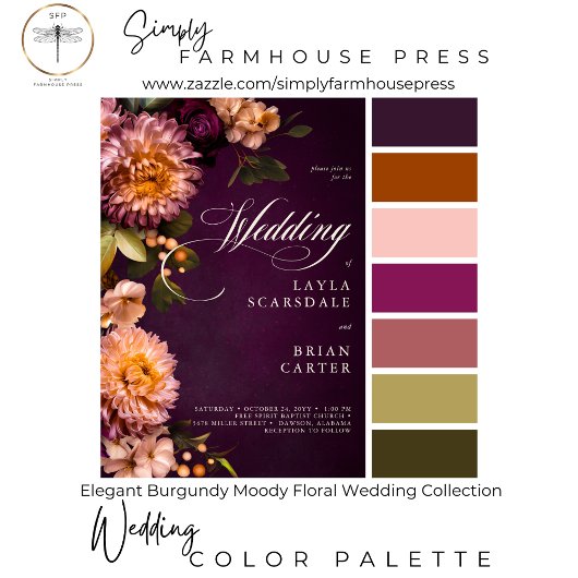 Elegante Bourgogne Moody Floral Script Wedding Informatiekaartje