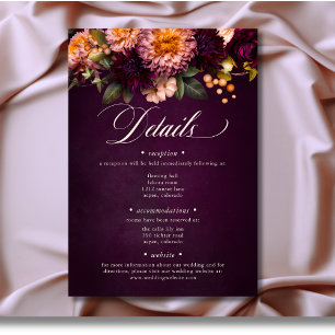 Elegante Bourgogne Moody Floral Script Wedding Informatiekaartje