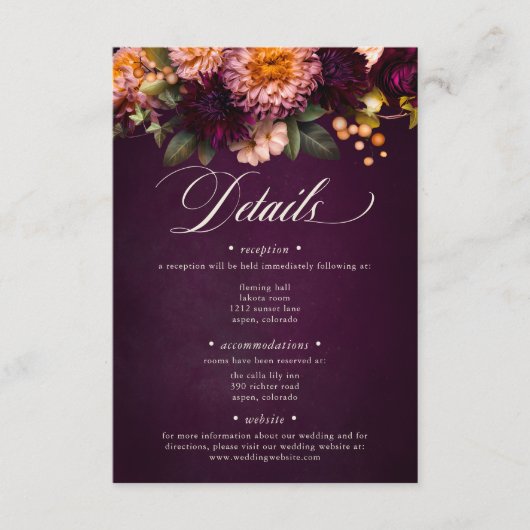 Elegante Bourgogne Moody Floral Script Wedding Informatiekaartje (Voorkant)